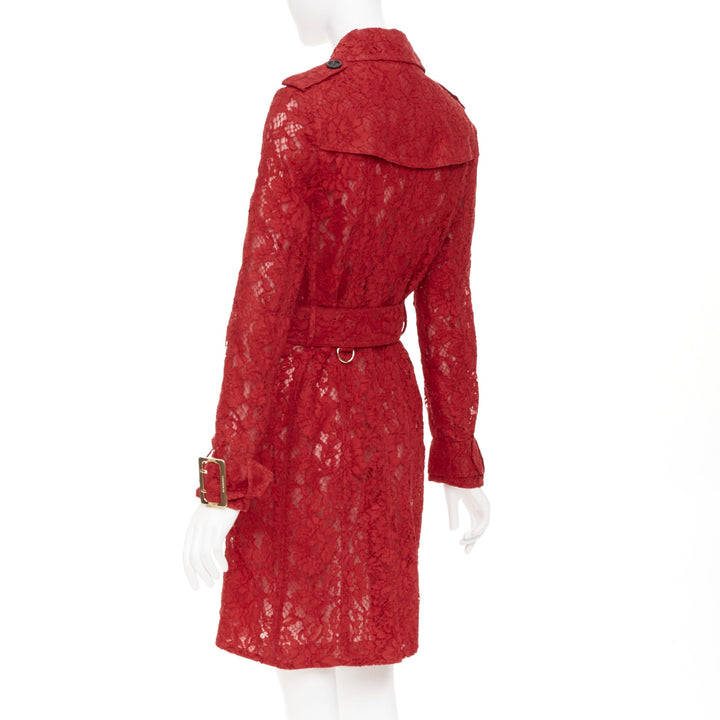 BURBERRY 2016 Kensington red floral lace belted double breasted trench coat