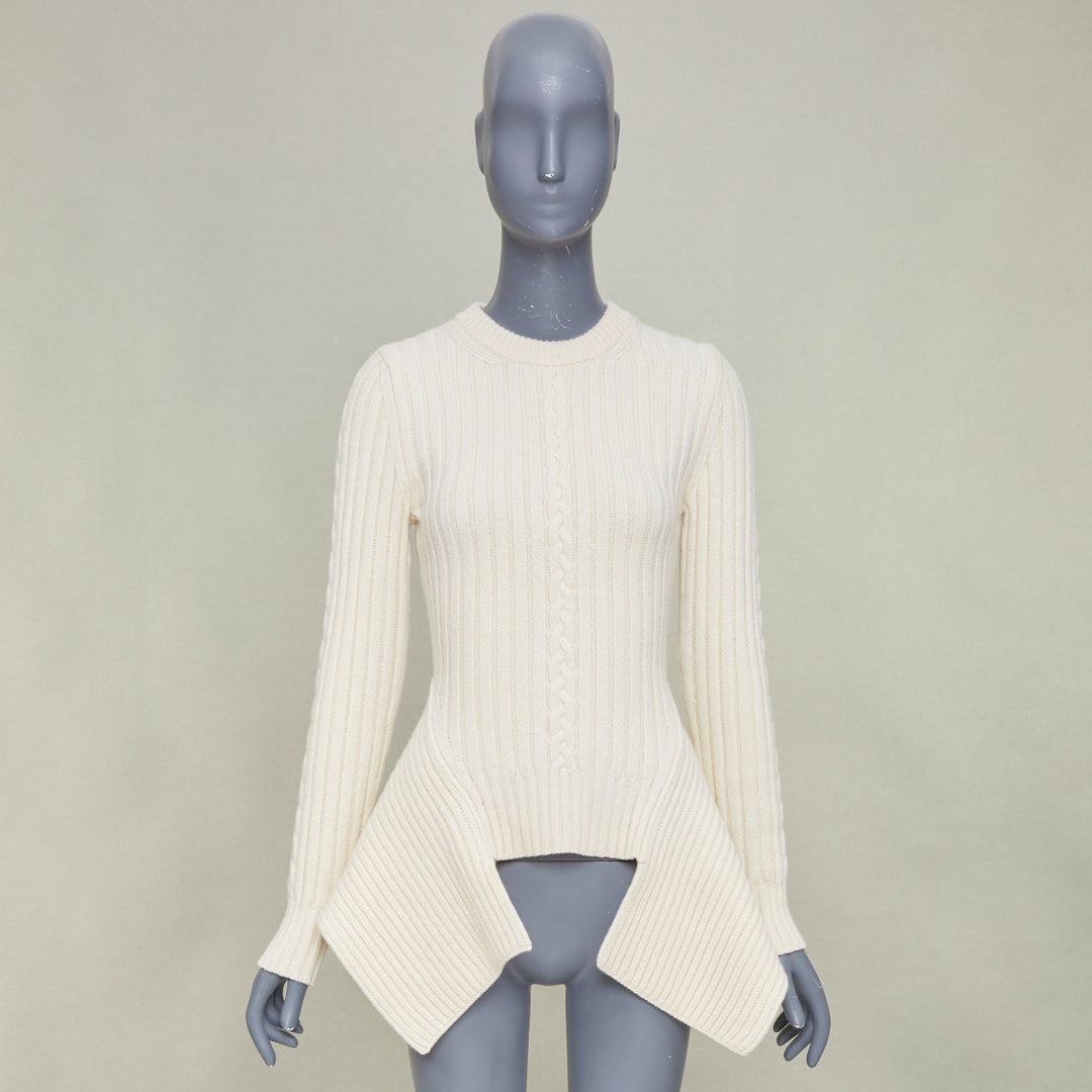 ALEXANDER MCQUEEN 2021 beige wool cashmere asymmetric drape peplum sweater S