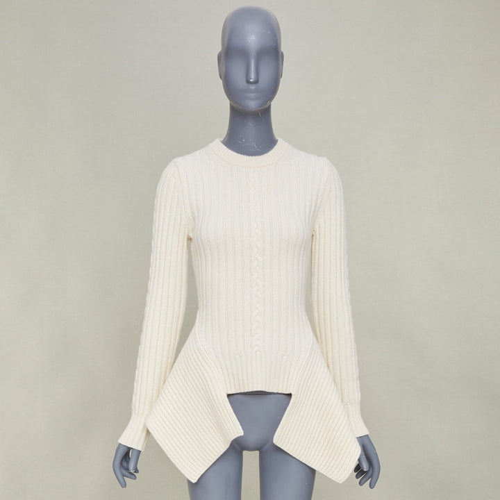 ALEXANDER MCQUEEN 2021 beige wool cashmere asymmetric drape peplum sweater S