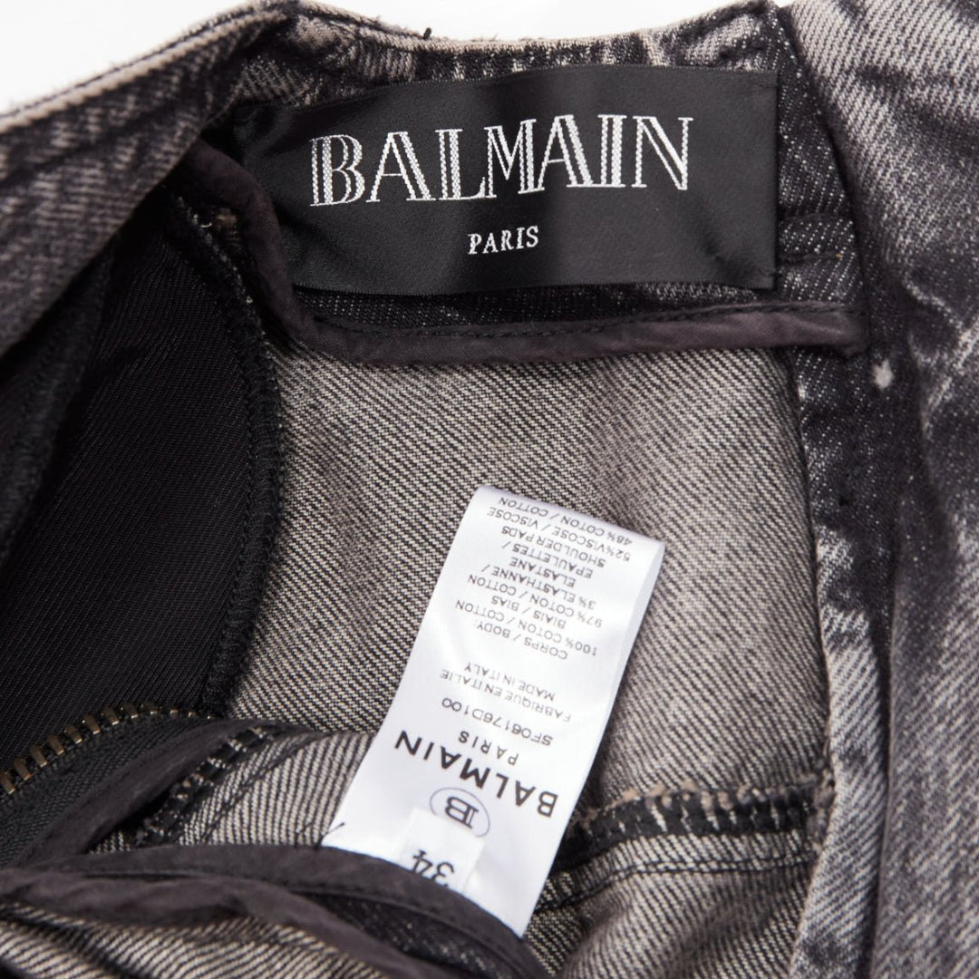BALMAIN grey acid washed denim button embellished wrapped mini dress FR34 XS