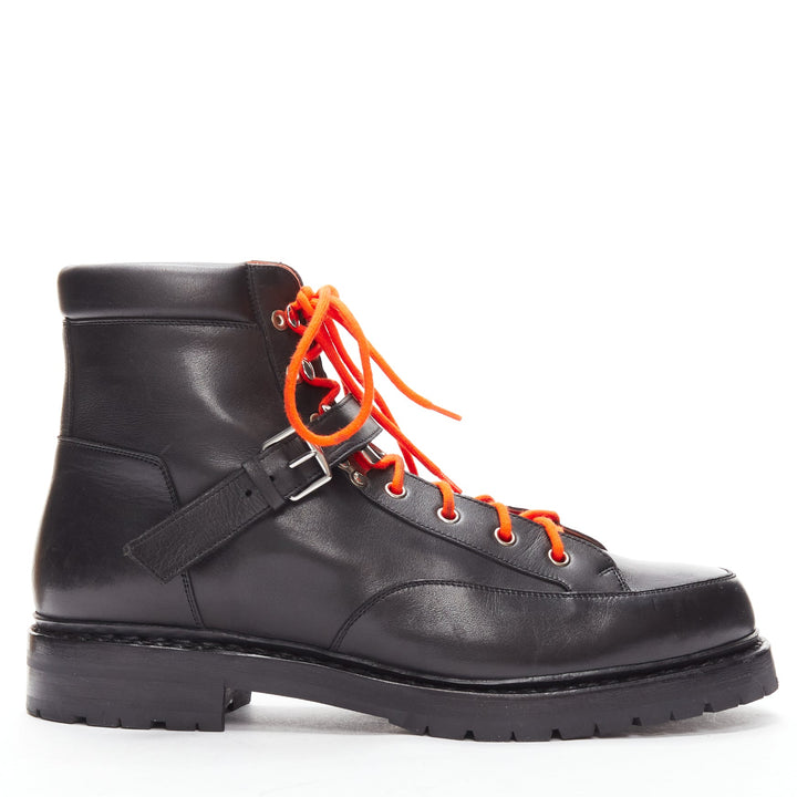 HERMES black smooth leather orange laced hiking boots EU42
