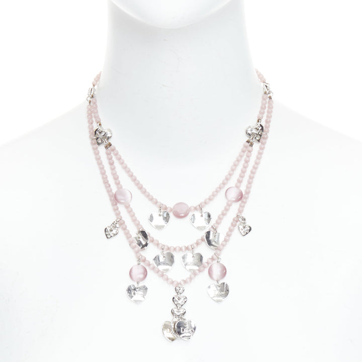 CHRISTIAN DIOR John Galliano Vintage silver pink heart logo tiered necklace