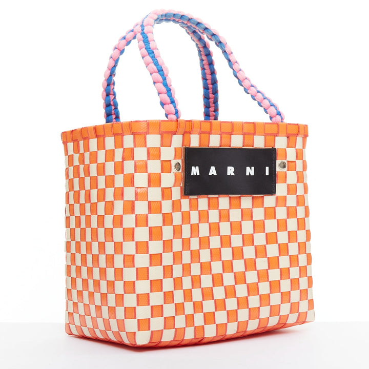 MARNI Basket orange cream straw brown leather tag rope trim top handle bag