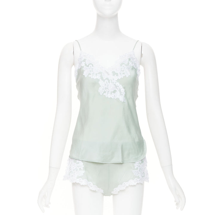 LA PERLA Maison pale green lace silk blend pajama camisole shorts set FR38 M