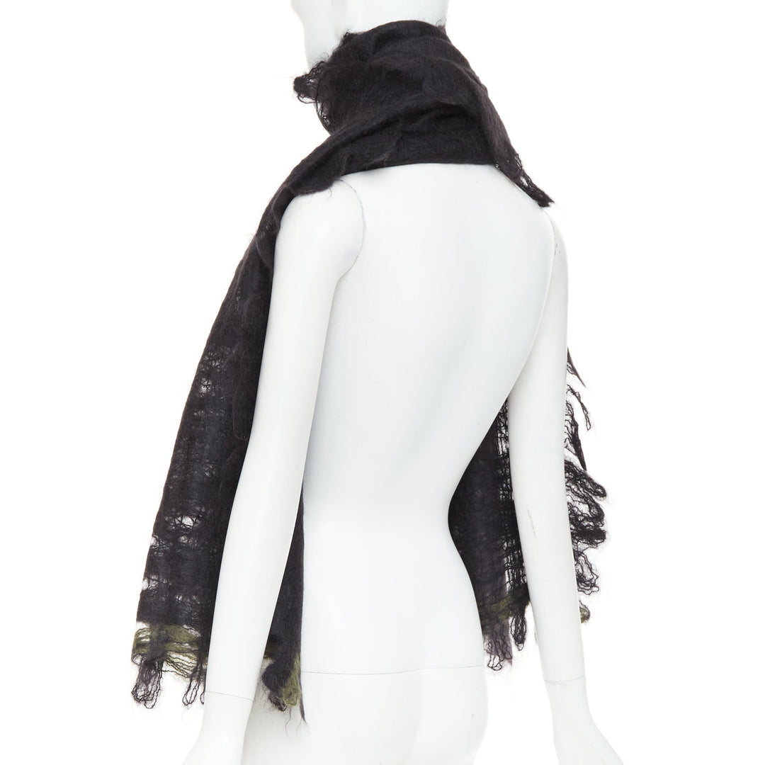ROHKA black green distressed abstract weave cut out lattice knit wrap scarf