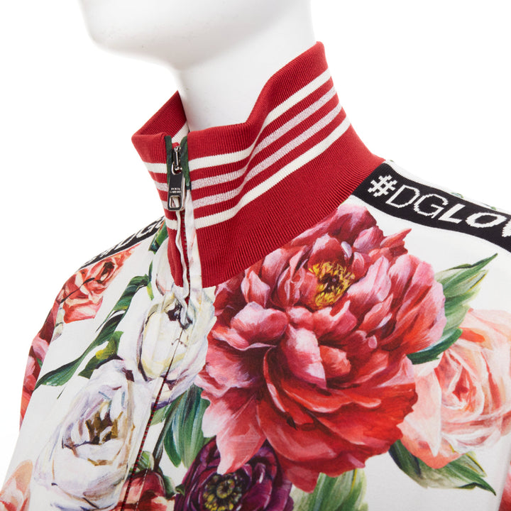 DOLCE GABBANA red rose floral print striped silk track bomber jacket IT36 XXS