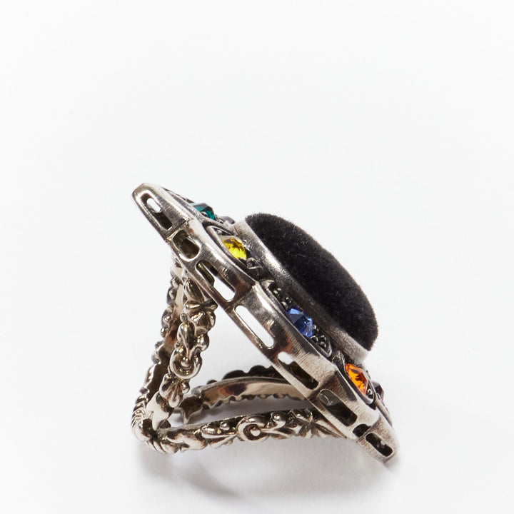 GUCCI Alessandro Michele black velvet colorful crystals oversized cocktail ring