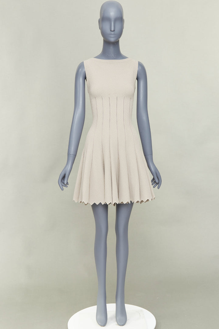 ALAIA beige viscose chevron cellular jacquard lattice scalloped dress FR38 M