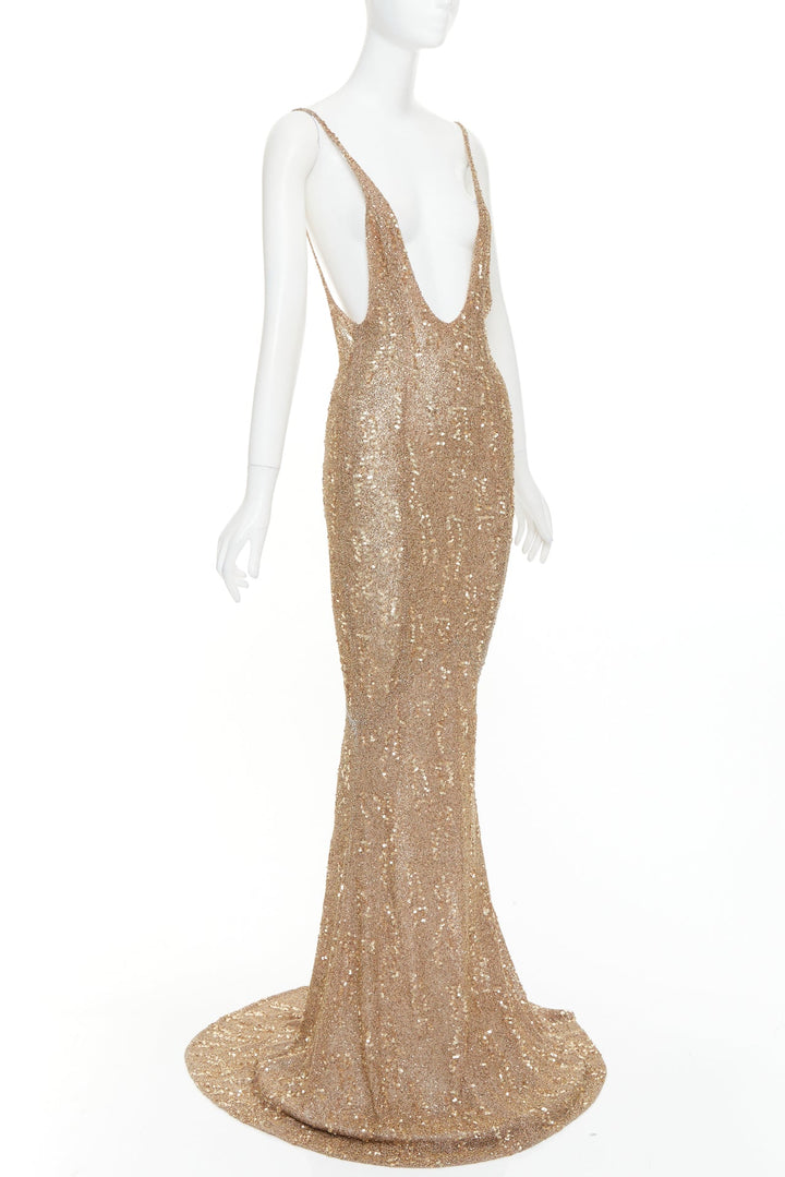 rare ALEXANDRE VAUTHIER COUTURE gold bead sequin embellished plunge evening