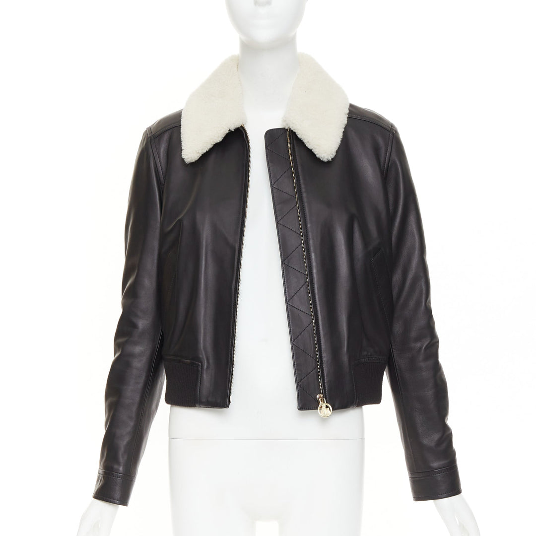 LANVIN 2021 black lambskin leather shearling collar crop aviator bomber FR38 M