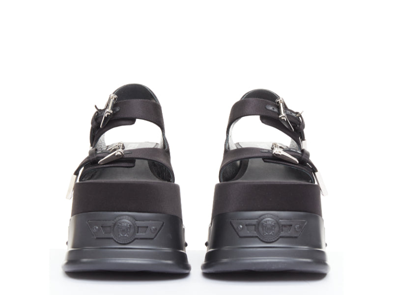 new VERSACE Anthem 120 Black satin silver Medusa buckle platform sandals EU38