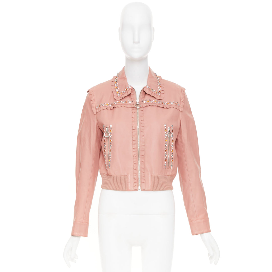 MIU MIU 2016 Runway ruffle studded crystal trim lambskin leather jacket IT42 M