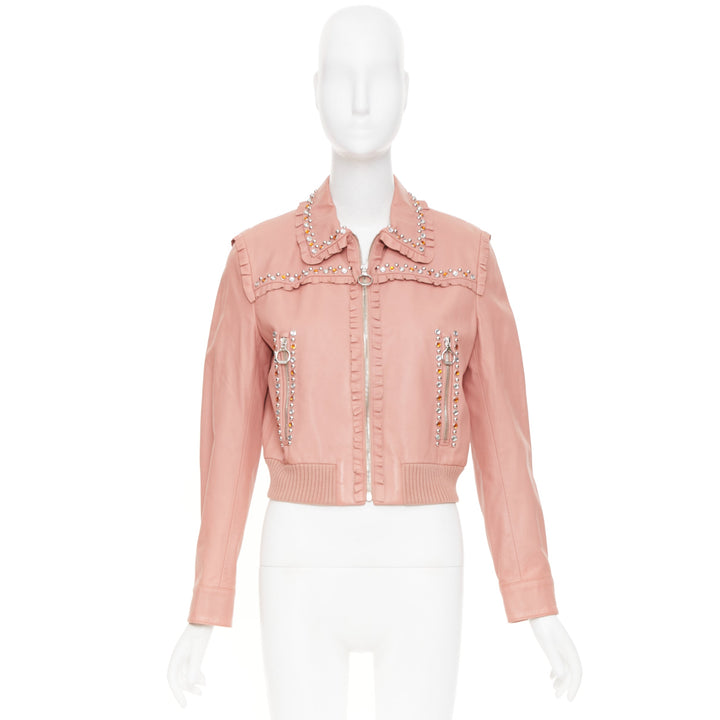 MIU MIU 2016 Runway ruffle studded crystal trim lambskin leather jacket IT42 M