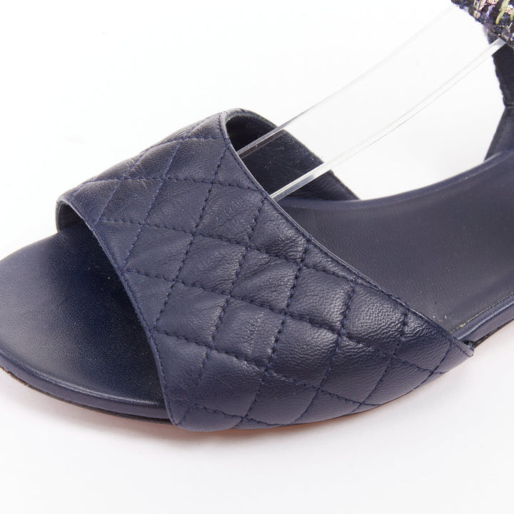 CHANEL navy quilted lambskin leather metallic tweed mary jane sandals EU39
