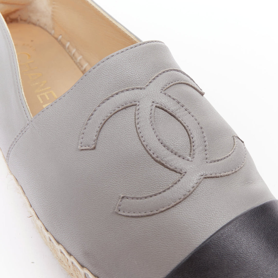 CHANEL bicolor grey lambskin leather black cap toes CC espadrilles shoes EU39
