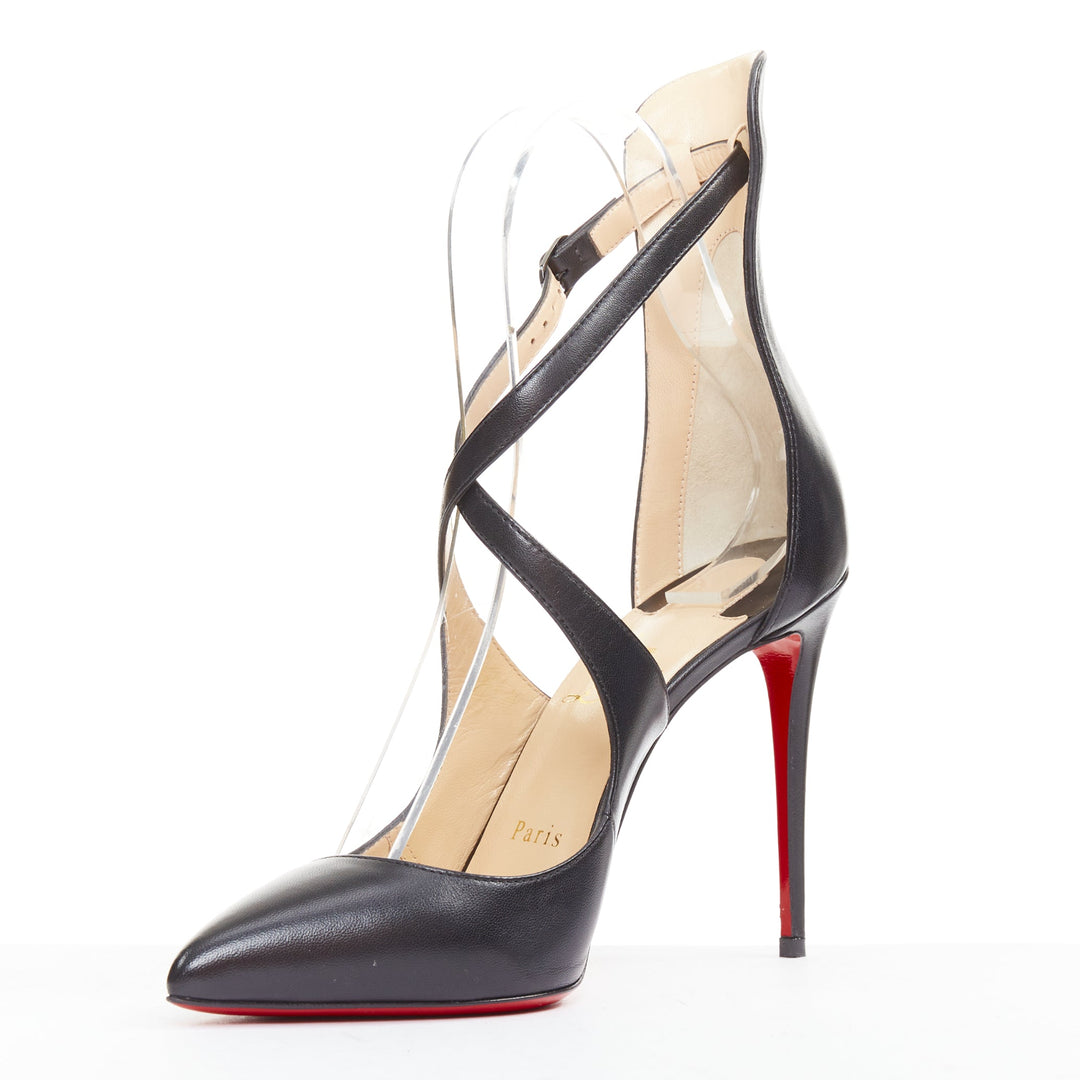 CHRISTIAN LOUBOUTIN Marlenarock 100 black calfskin cross strap pumps EU37.5