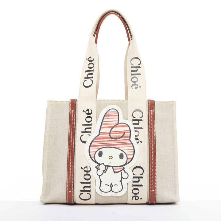 rare CHLOE My Melody Sanrio Woody beige canvas cream red leather patch tote bag