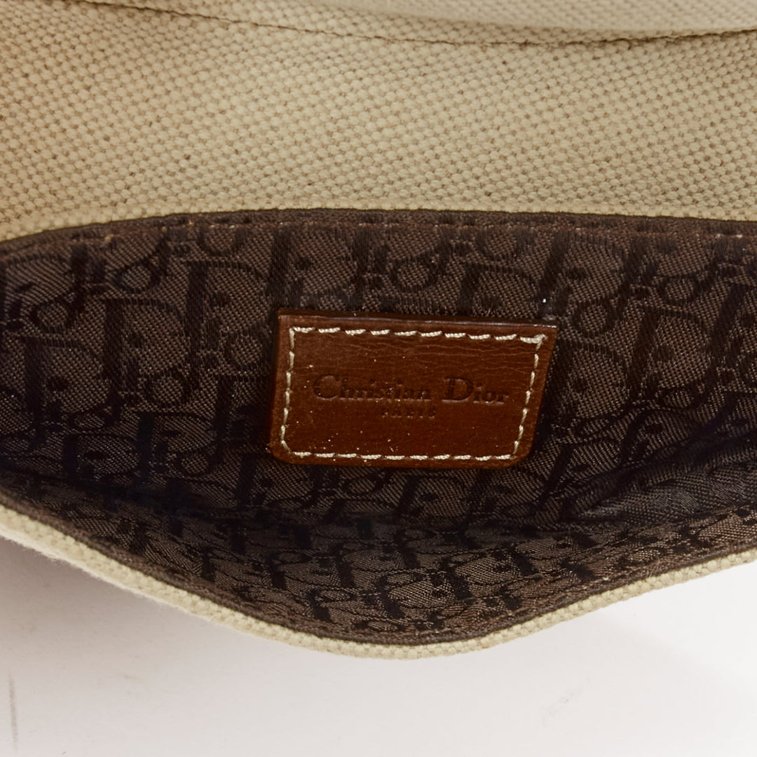CHRISTIAN DIOR John Galliano Vintage Saddle D beige canvas leather bag pouch