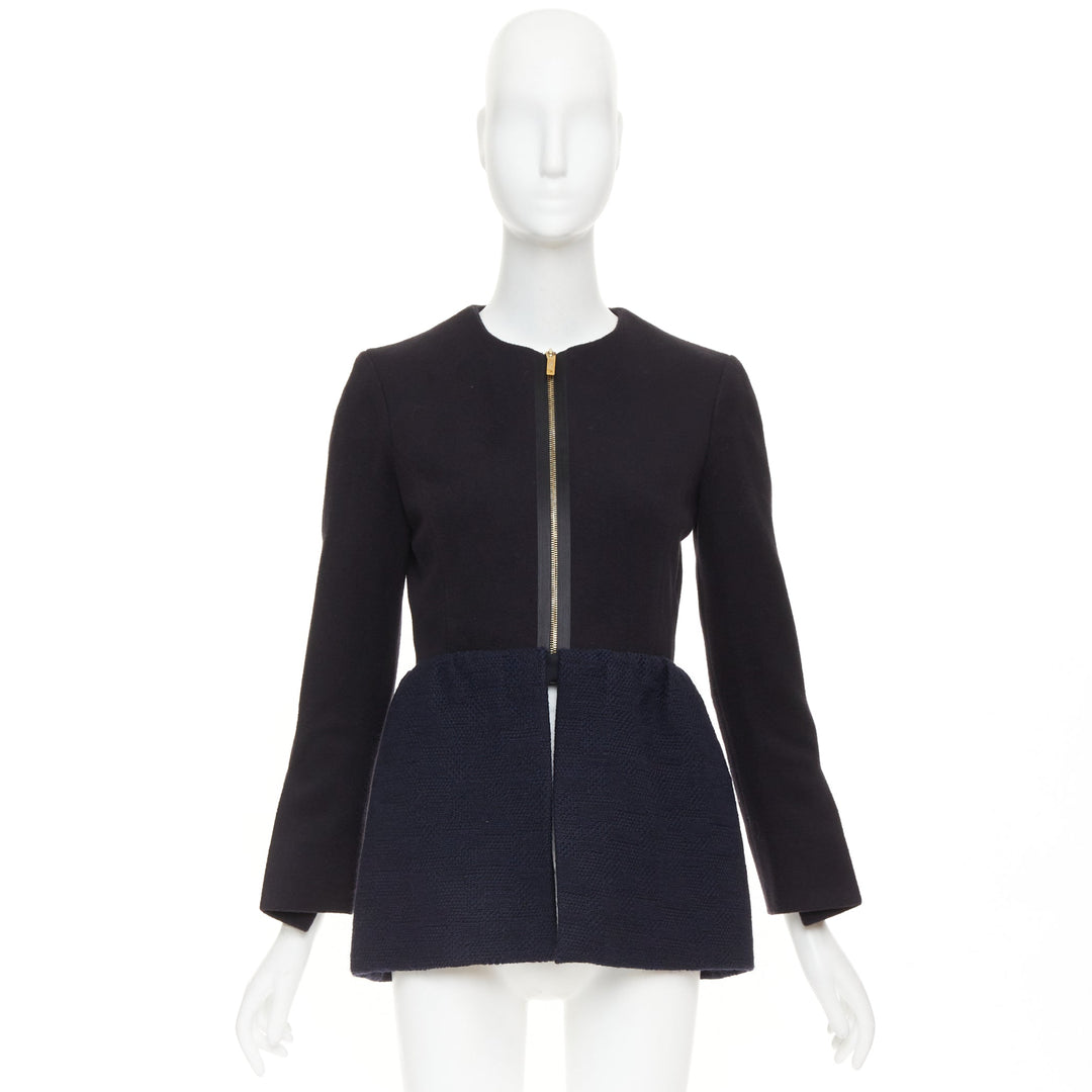 THE ROW Loxton black navy structured wool textured peplum gold zip coat US0 XS