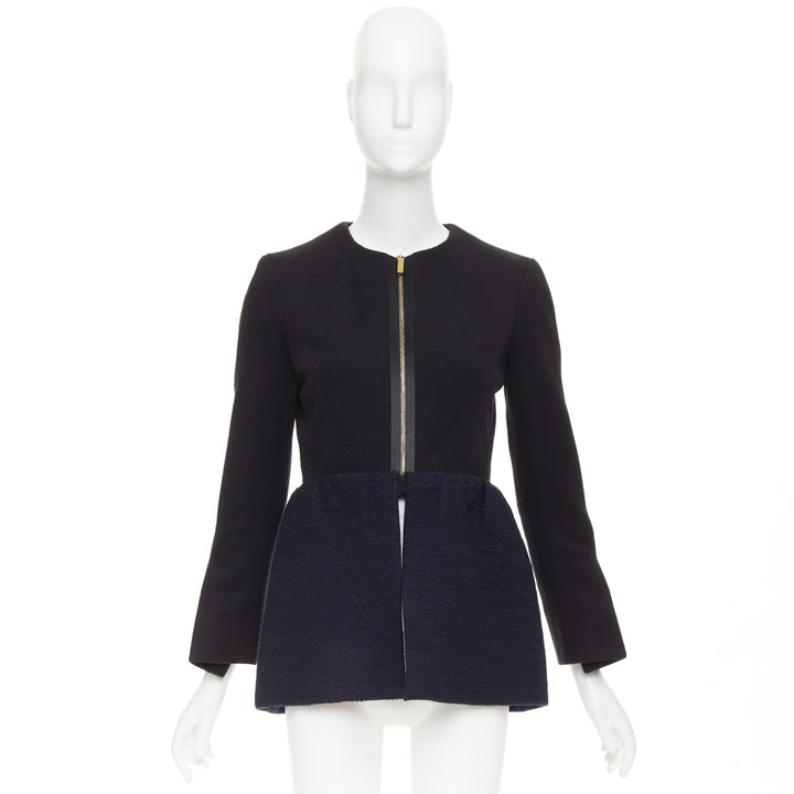 THE ROW Loxton black navy structured wool textured peplum gold zip coat US0 XS