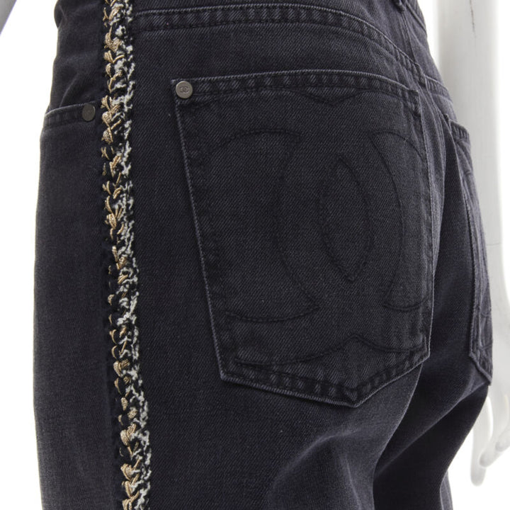 CHANEL washed black denim braided tweed trim CC pocket cropped jeans FR38 M