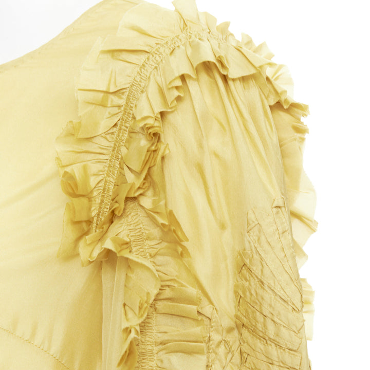 DRIES VAN NOTEN yellow 100% silk ruffle applique puff sleeve blouse FR38 M