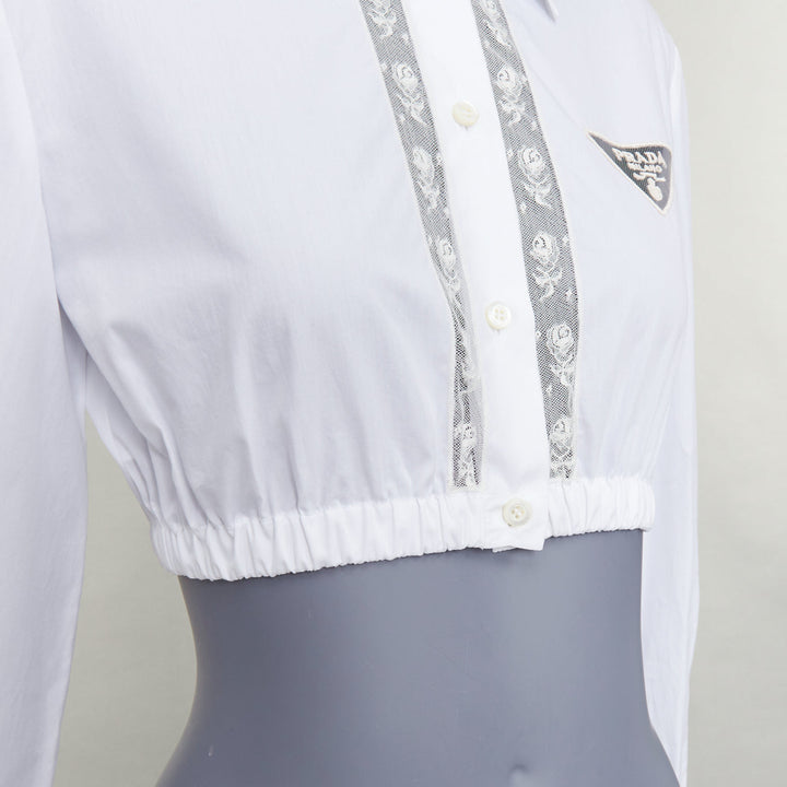 PRADA 2022 white cotton cream lace trim hollow logo cropped shirt IT38 XS