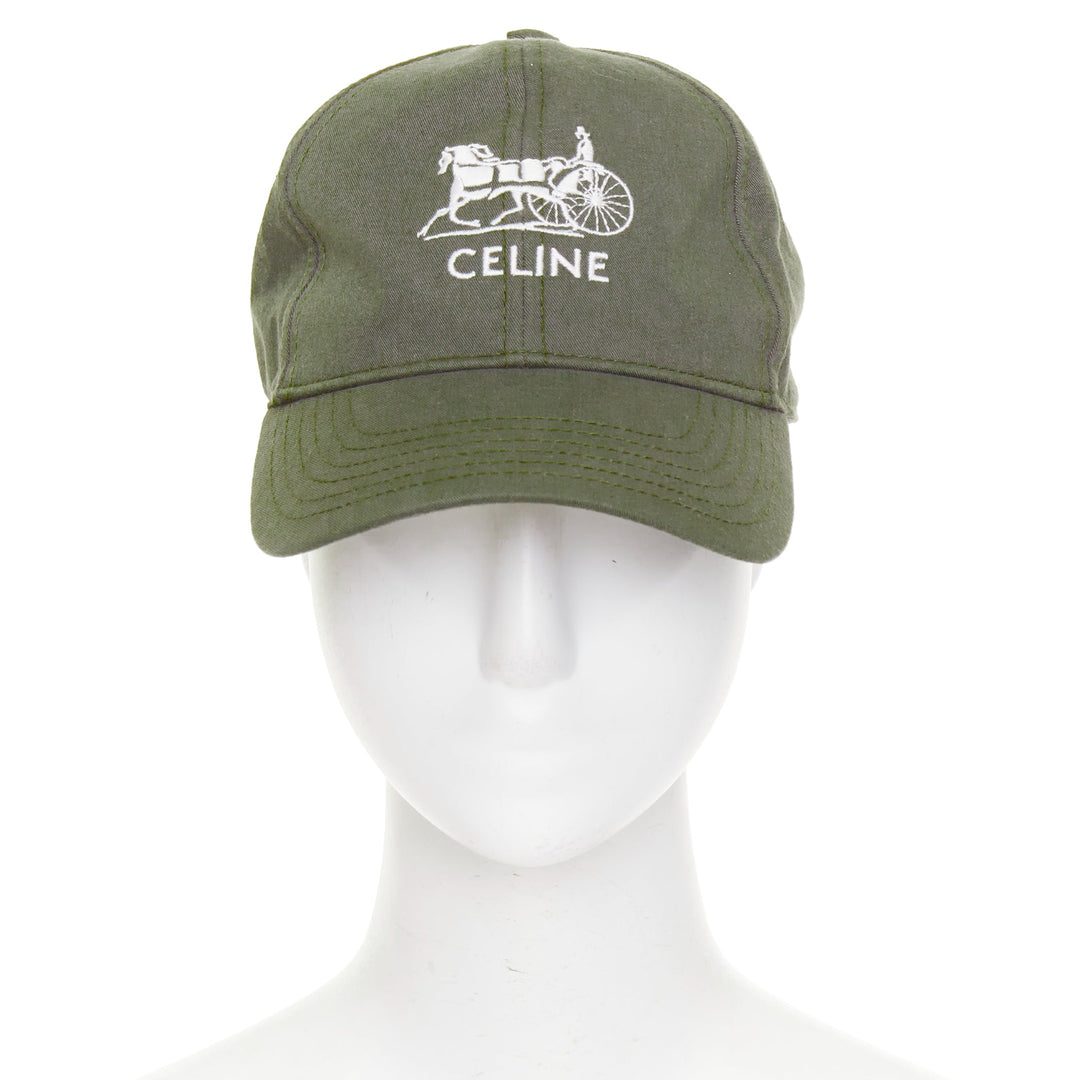 CELINE Sulky olive green cotton white carriage logo baseball cap hat 59cm