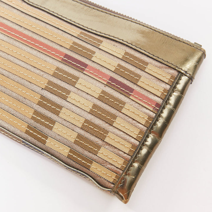 BURBERRY Nova Check metallic gold leather House Check applique zip clutch bag
