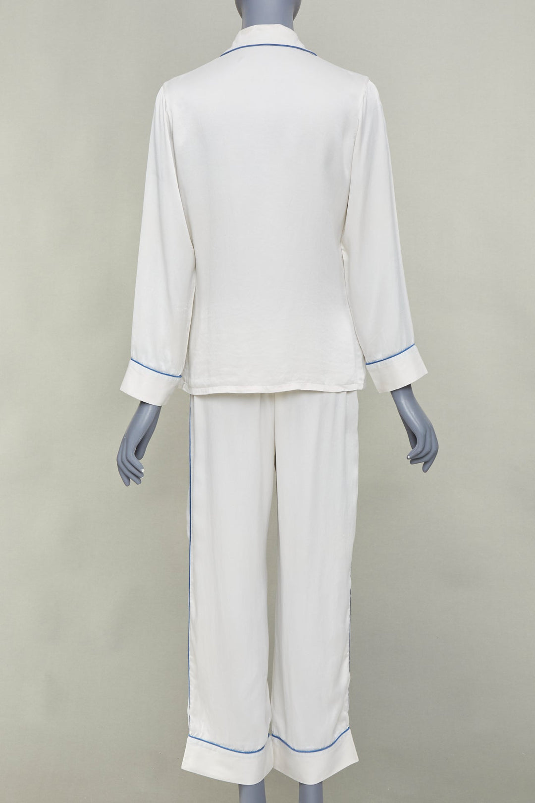 OLIVIA VON HALLE Coco ivory off white blue piping silk sleepwear set Sz1 S