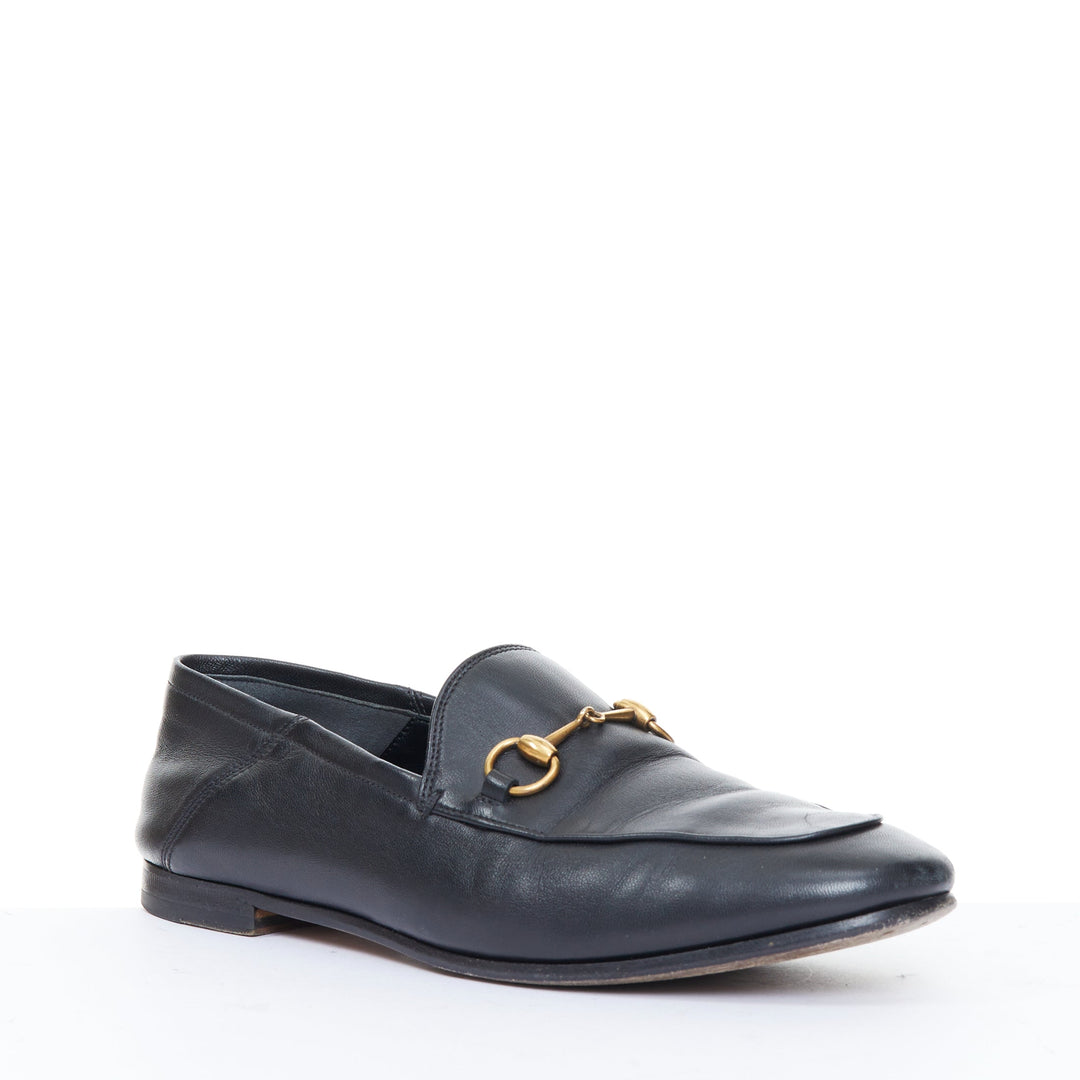 GUCCI Brixton black soft leather collapsible heel horsebit flat loafers EU38
