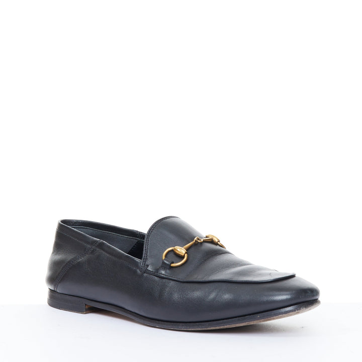 GUCCI Brixton black soft leather collapsible heel horsebit flat loafers EU38