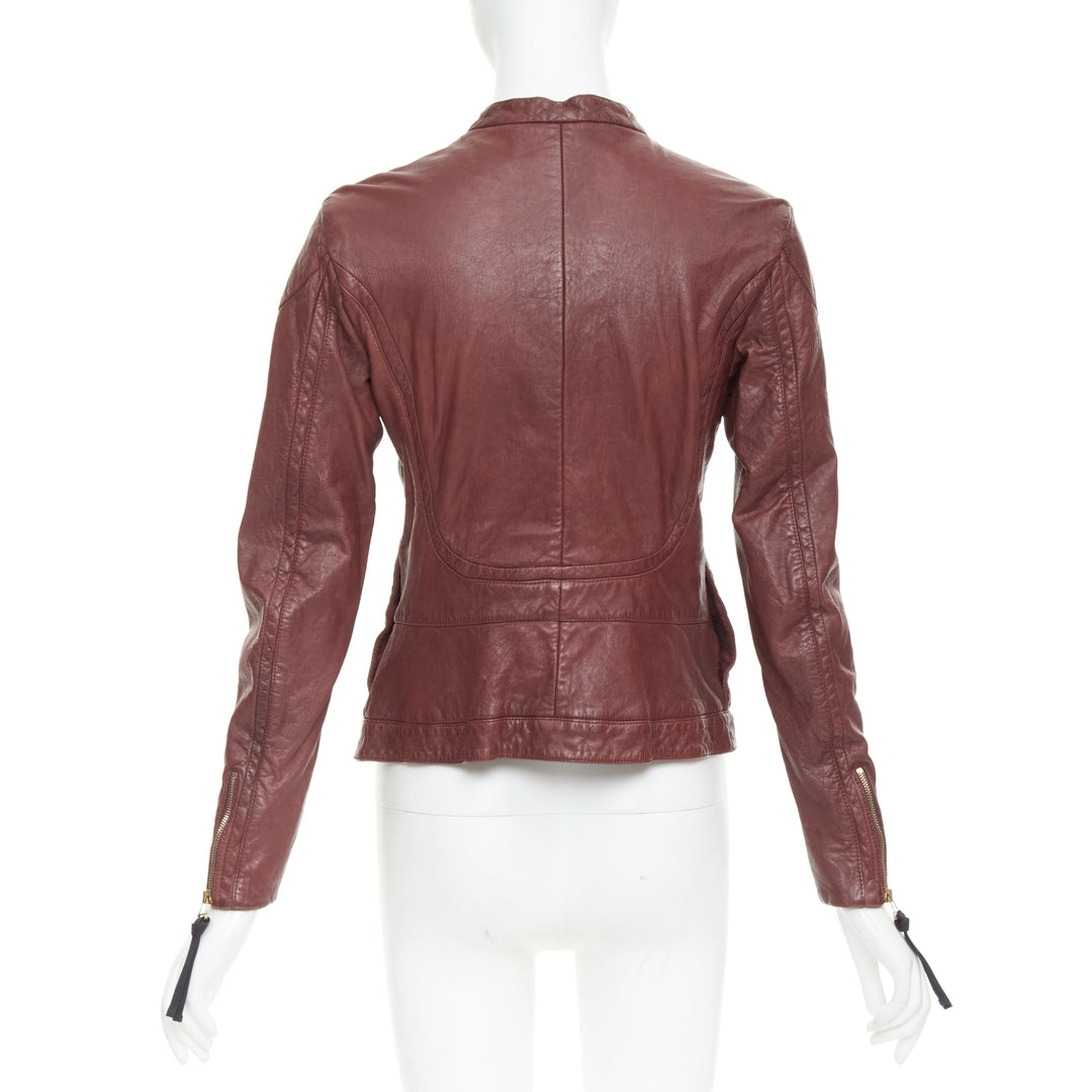 MARNI 2012 burgundy crinkled lamb leather wool lining moto biker jacket IT42 M