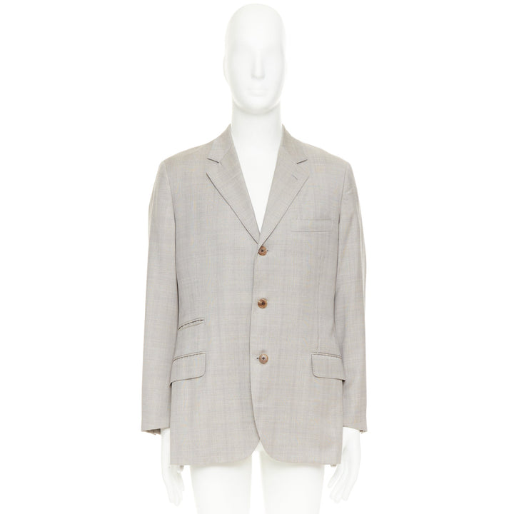 HERMES light grey 100% wool checked full canvas flap pockets blazer EU50 L
