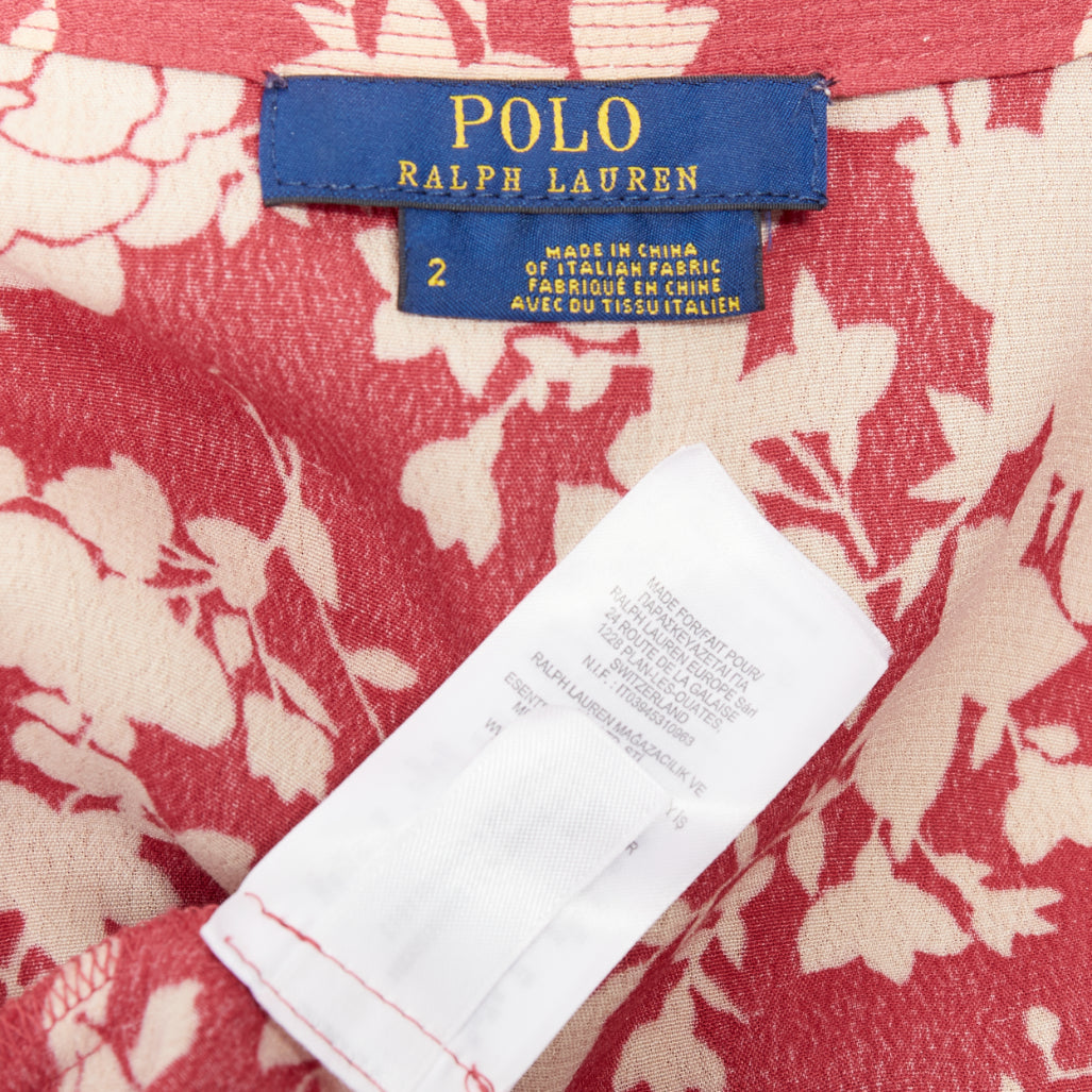 POLO RALPH LAUREN red beige floral print flare sleeve wrap dress US2 S