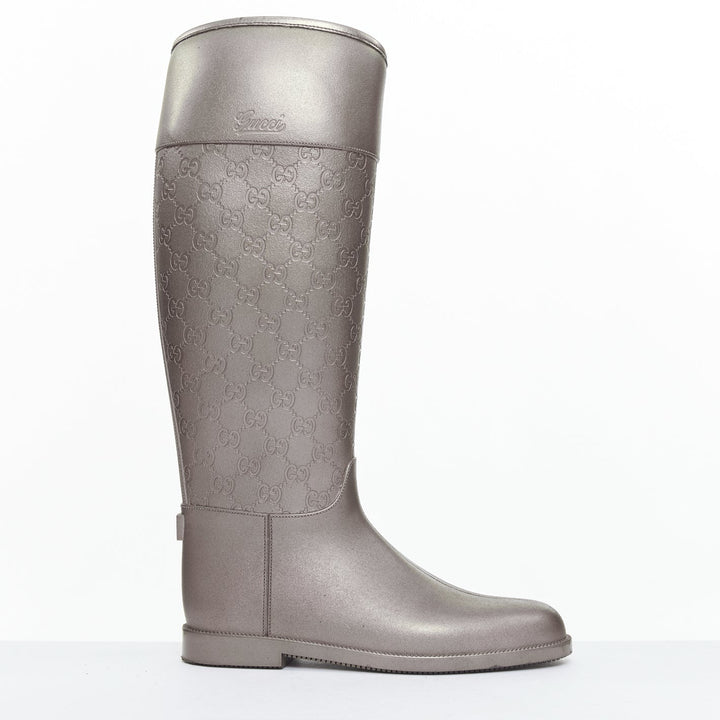 GUCCI silver GG logo monogram rubber flat tall rainboots EU36