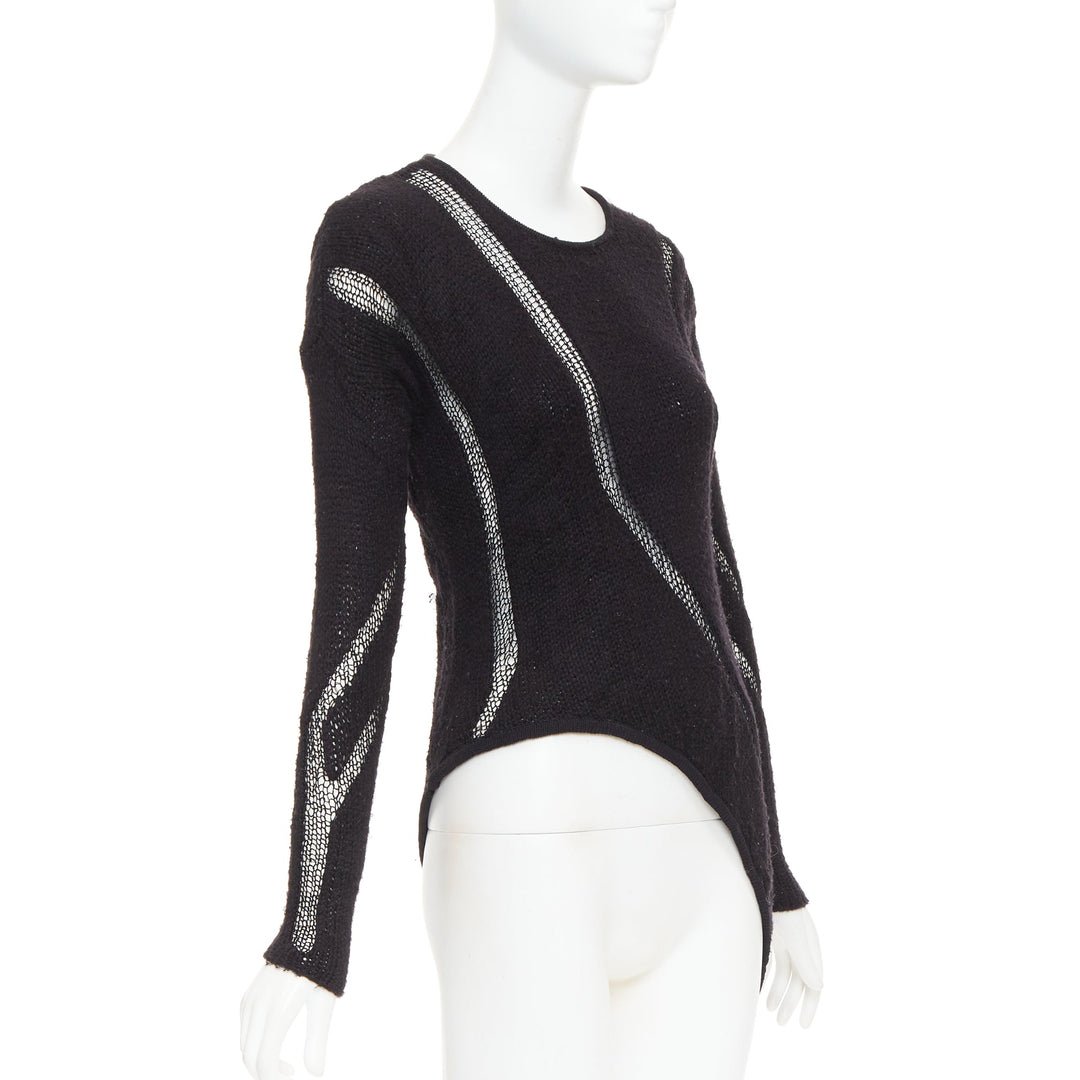 HELMUT LANG black graphic sheer lattice knit asymmetric hem knitted sweater P XS
