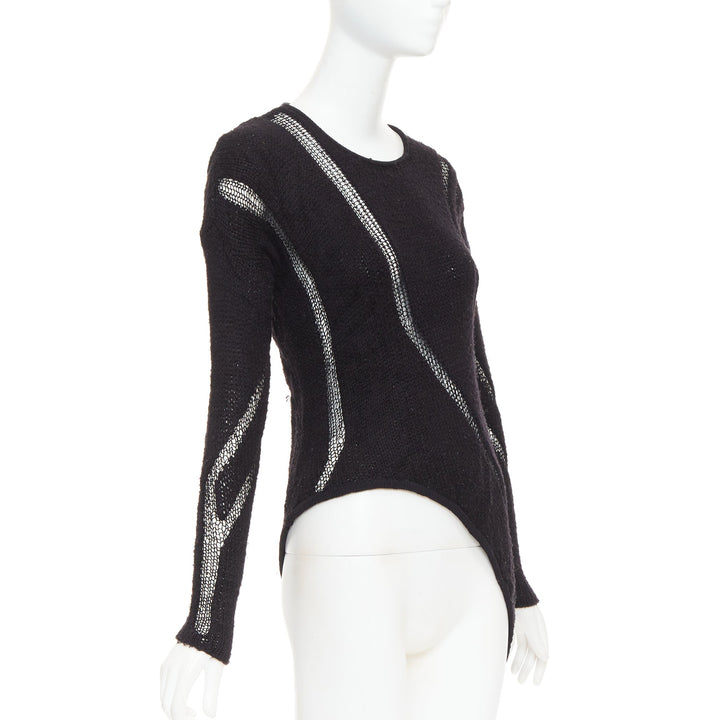 HELMUT LANG black graphic sheer lattice knit asymmetric hem knitted sweater P XS