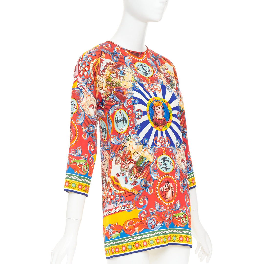 DOLCE GABBANA Sicilian Teatro Carretto red multicolor silk print tunic top IT38