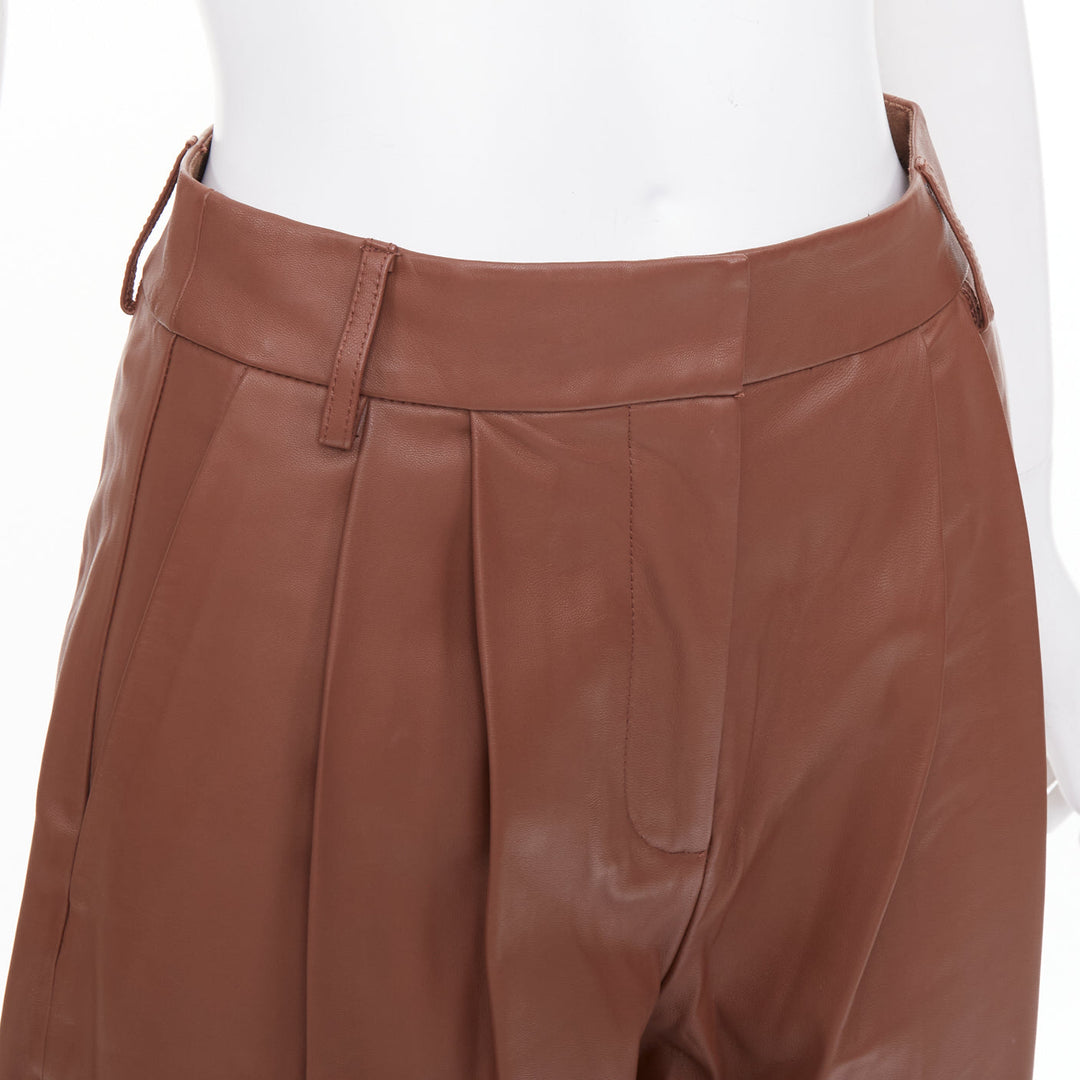 TIBI reddish brown lambskin leather pleated high waisted cropped pants US00 XXS