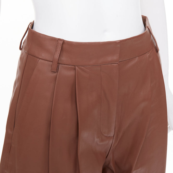 TIBI reddish brown lambskin leather pleated high waisted cropped pants US00 XXS