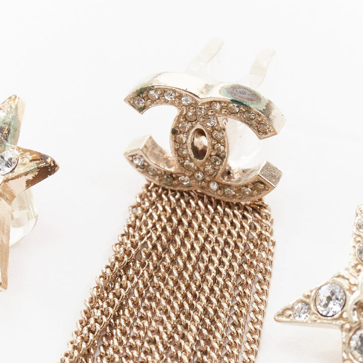 CHANEL B15 gold tone CC logo crystal pave star tassel wire clips phone charm