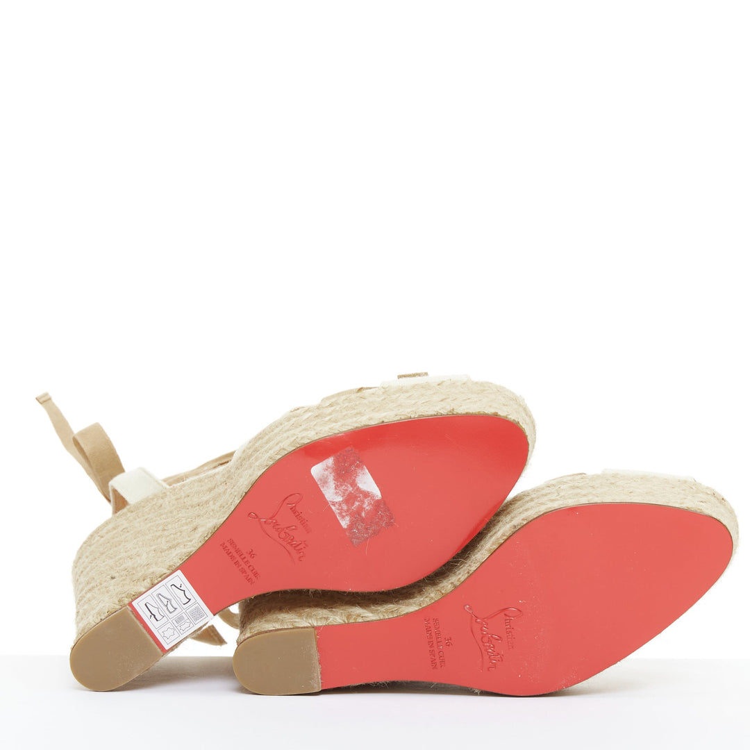 CHRISTIAN LOUBOUTIN Isabelle cream beige canvas jute bow tie wedges EU36