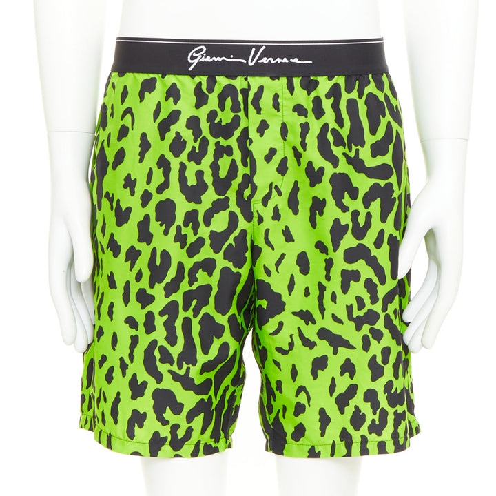 VERSACE neon green black leopard print black logo waistband swim trunks Sz4