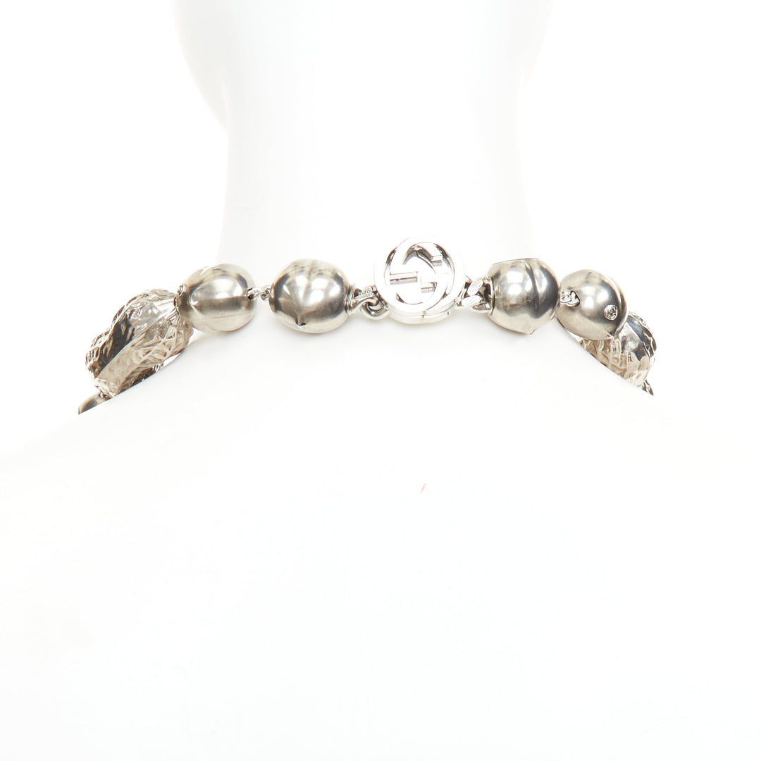 GUCCI Runway hazelnut peanut charm textured interlocking GG silver tone necklace