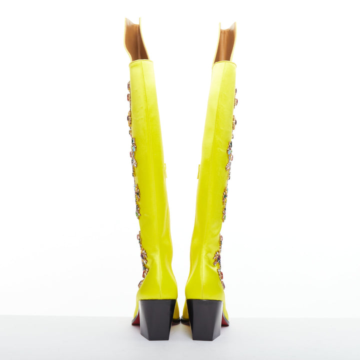 rare CHRISTIAN LOUBOUTIN Morgan Fleur 70 yellow satin blossom western boots EU43