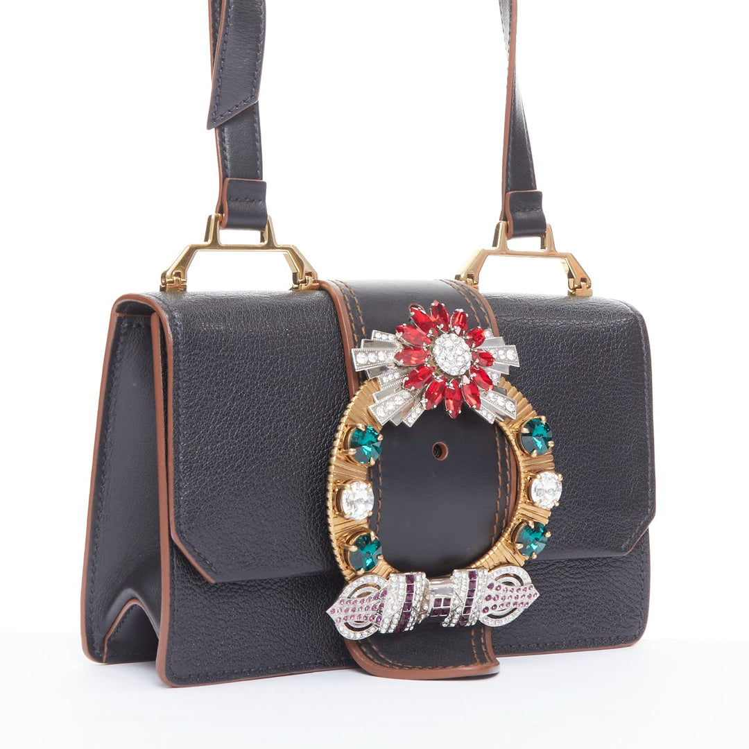 MIU MIU Lady black leather colorful rhinestone buckle flap crossbody bag