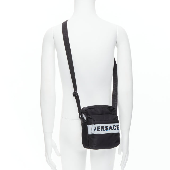 VERSACE reflective logo black nylon Greca strap crossbody messenger bag
