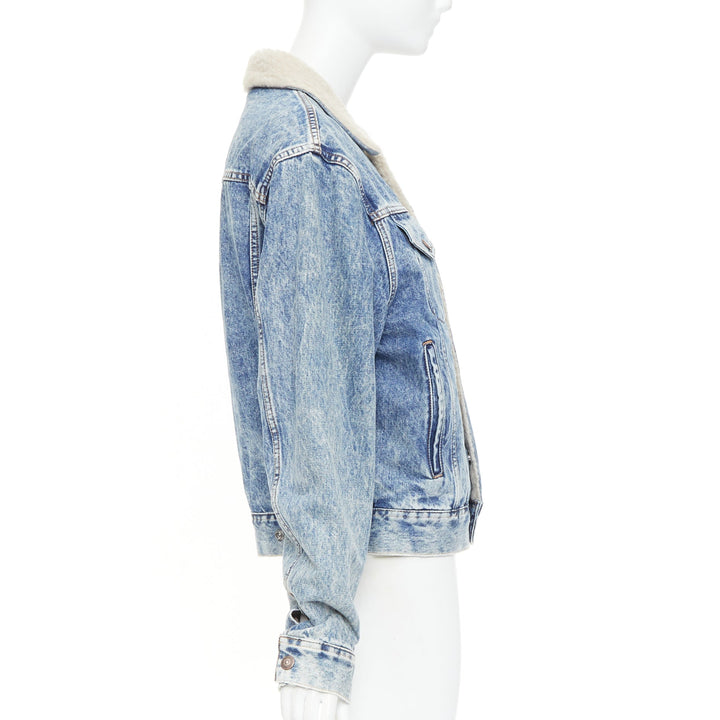 CELINE 2021 Hedi Slimane bleached denim cream shearling lined trucker jacket XS