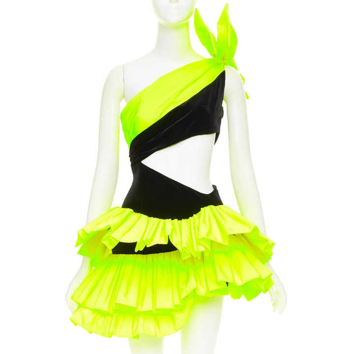 rare ALEXANDRE VAUTHIER SS2023 Runway neon yellow black velvet cut out dress